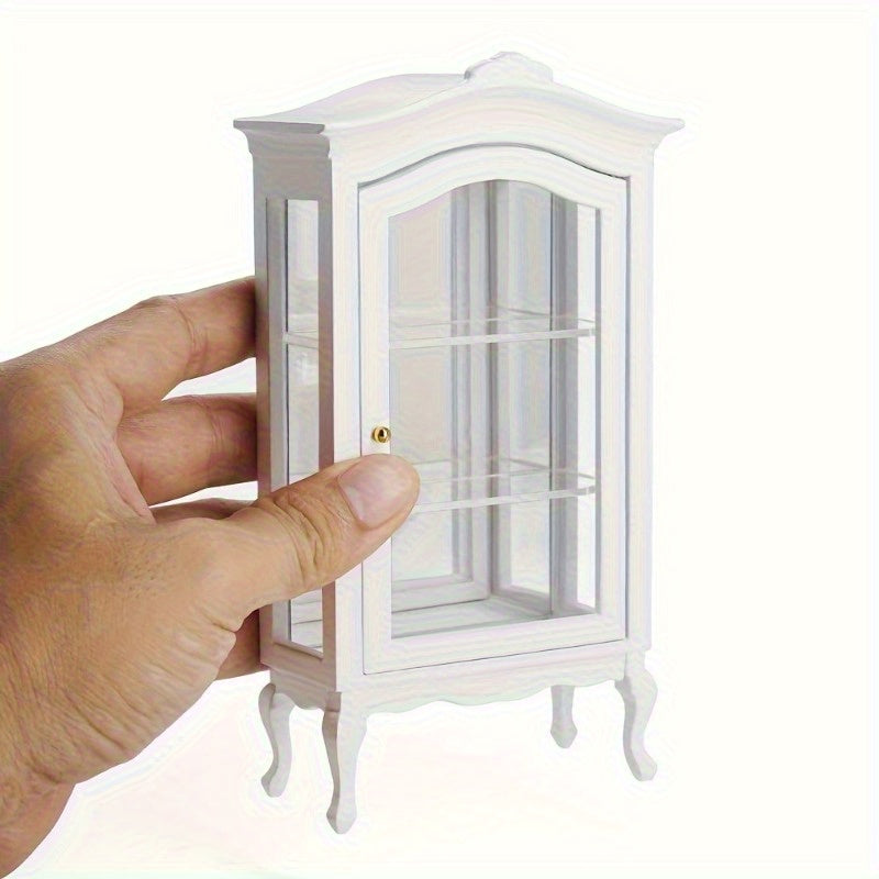 White Miniature Dollhouse Display Cabinet with Mirrored Back, Three Clear Shelves and 16 cm Height