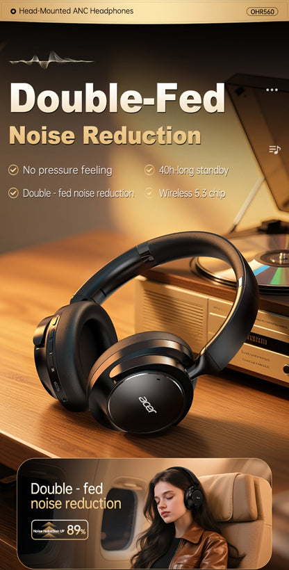 Acer OHR560 ANC Over-Ear Wireless Headphones, Full-Coverage Foldable Design HiFi Stereo HD ENC Call Noise Reduction Built-in Mic, 3.5mm Audio Cable Compatible for Work Travel Gaming Study