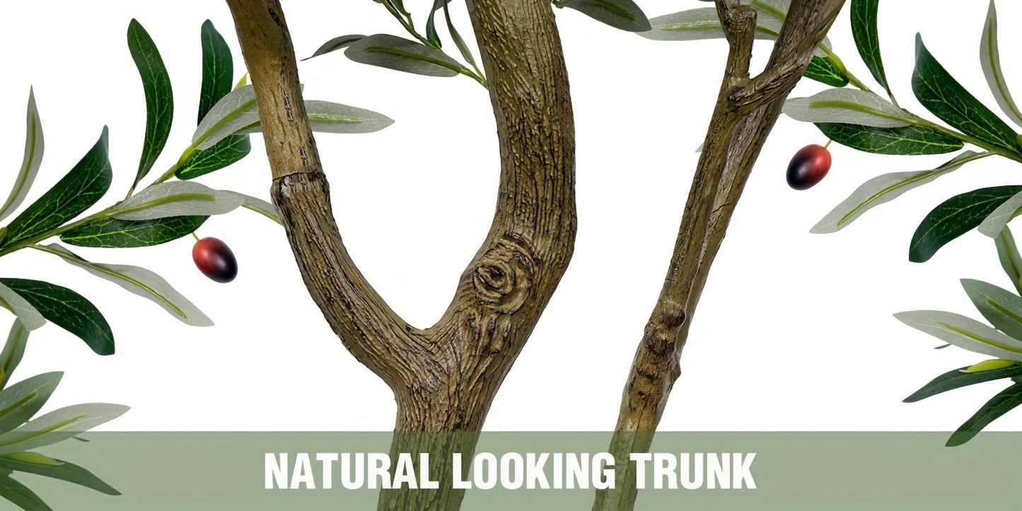 Multi-Branched Artificial Olive Tree with 5.25, 6 or 7 ft Height Options, Decorative Fruit and Black Nursery Pot
