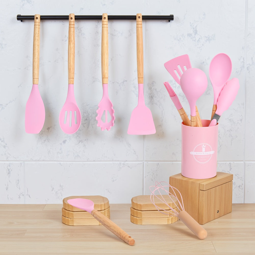 Silicone Kitchen Utensil Set 12PCS with Wooden Handle - Heat Resistant Non-Stick Safe Cooking Spatula Spoon Turner Tongs Brush with Holder for Home Restaurant Gift