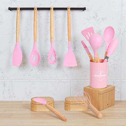 Silicone Kitchen Utensil Set 12PCS with Wooden Handle - Heat Resistant Non-Stick Safe Cooking Spatula Spoon Turner Tongs Brush with Holder for Home Restaurant Gift