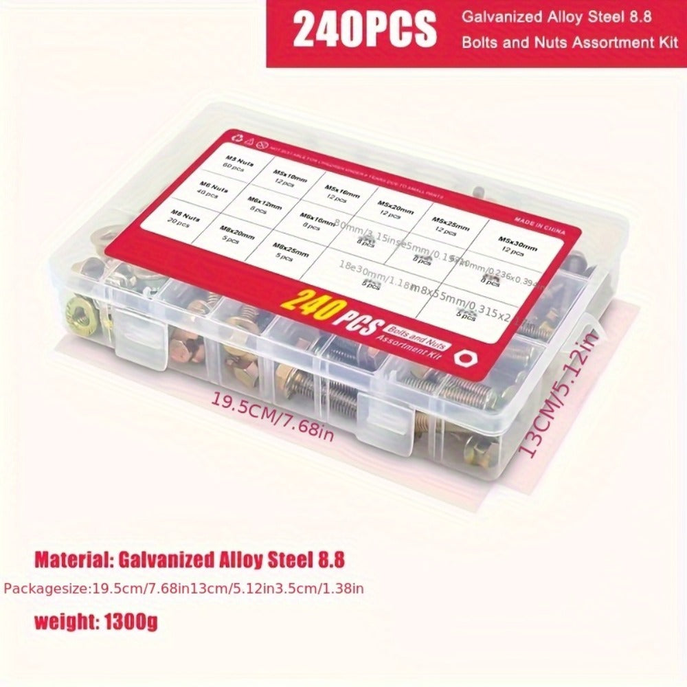 Metric Flange Bolt and Nut Assortment, 240-Piece M5, M6 and M8 Hex Fastener Kit in Compartment Case