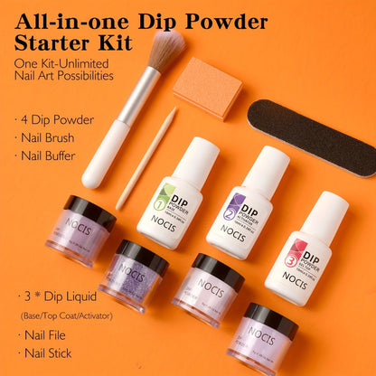 Dip Powder Nail Kit with NOCIS Label, Four Lilac Lavender Purple Glitter Powders, Three 10ml Liquids and Tools