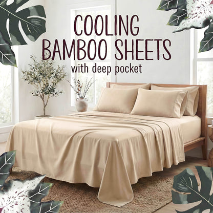 Bed Sheet Set 4-Piece Bamboo Fiber with Deep-Pocket Fitted Sheet, Four Sizes and Twelve Color Options