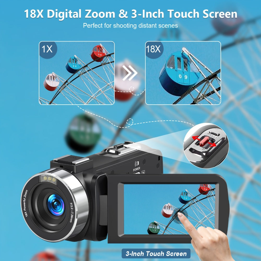 5K Vlogging Camera Camcorder 64MP WiFi for YouTube with IR Night Vision 18X Zoom 3 Inch Touch Screen Webcam External Microphone Remote Control 2 Batteries Loop Recording