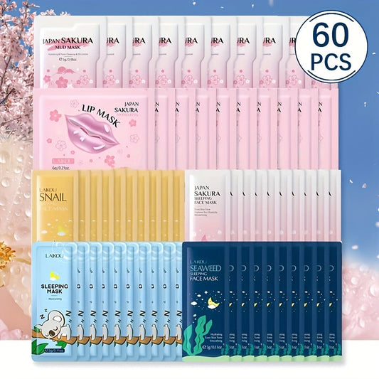Sheet Mask Set 60 Pieces — Cherry Blossom Lip Masks, Snail Essence, Seaweed & Sleeping Masks with Glycerin | Hydrating Face Mask Variety Pack for All Skin Types | Skincare Gift Set for Women