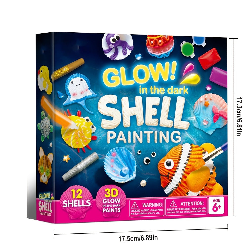 Seashell Painting Craft Kit with 12 Shell Forms, Glow-Labeled Paints, Brushes, Gems and Stickers