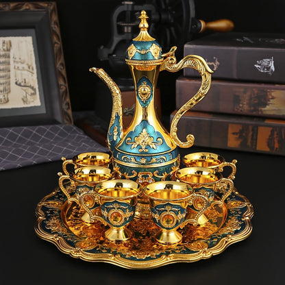 Vintage-Style Turkish Tea and Coffee Serving Set with Teapot, Six Cups and Tray in Three Colors