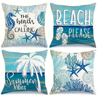 4pcs Ocean Beach Coastal Throw Pillow Covers 18x18in - Marine Life Shells Starfish Seahorse Turtle Decorative Pillowcase Set with Zipper Machine Washable for Summer Home Decor