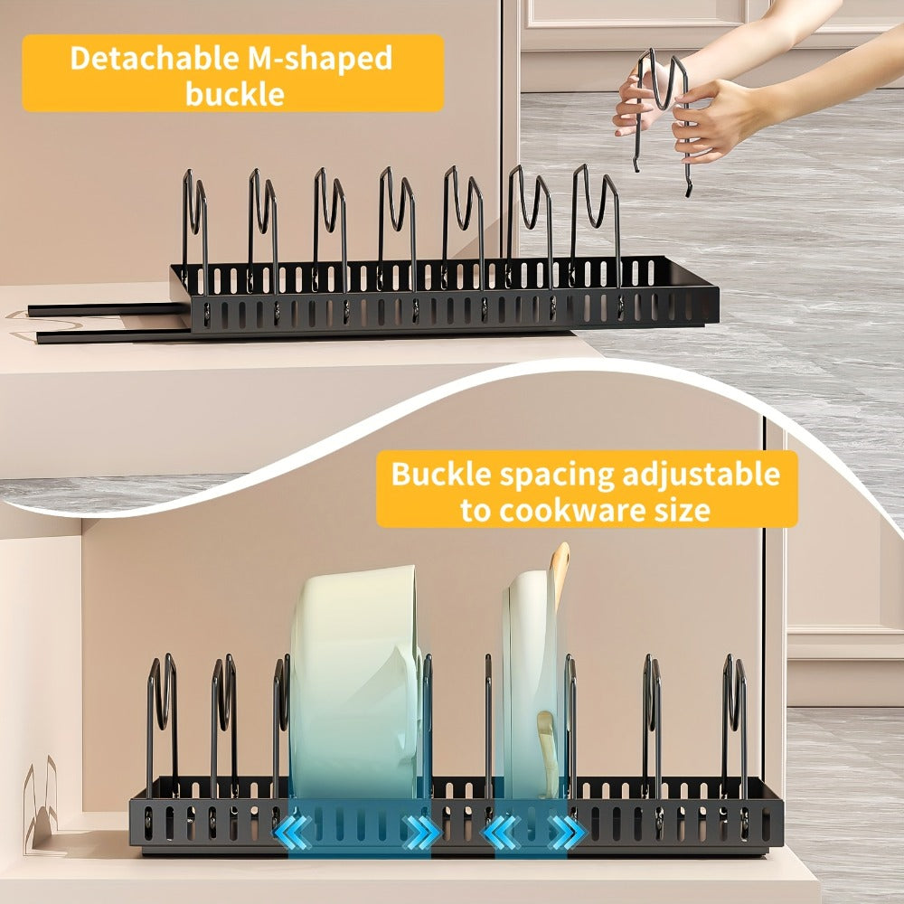Pull-Out Pot and Pan Organizer with Sliding Cabinet Base, Eight Adjustable Dividers and One- or Two-Pack Options