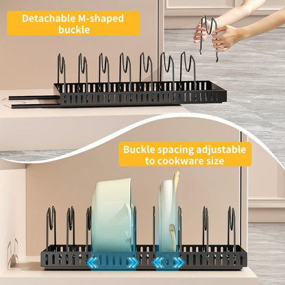 Pull-Out Pot and Pan Organizer with Sliding Cabinet Base, Eight Adjustable Dividers and One- or Two-Pack Options