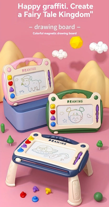 Kids Magnetic Drawing Board with Four Shape Stamps, Slide Eraser, Folding Legs and Blue, Green or Pink Options