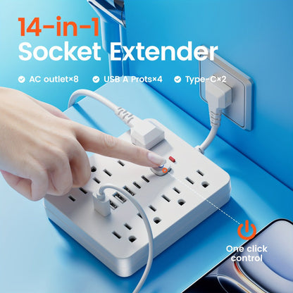 Power Strip 14-in-1 Flat-Plug Surge Protector with 8 AC Outlets, 4 USB-A, 2 USB-C and Black or White Finish