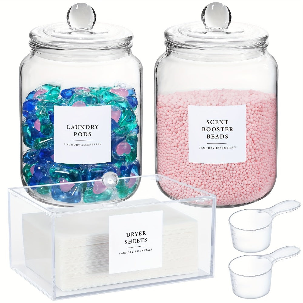 Wide-Mouth Glass Storage Canisters with Lids, Labels and Spoons in Five Pack Configurations