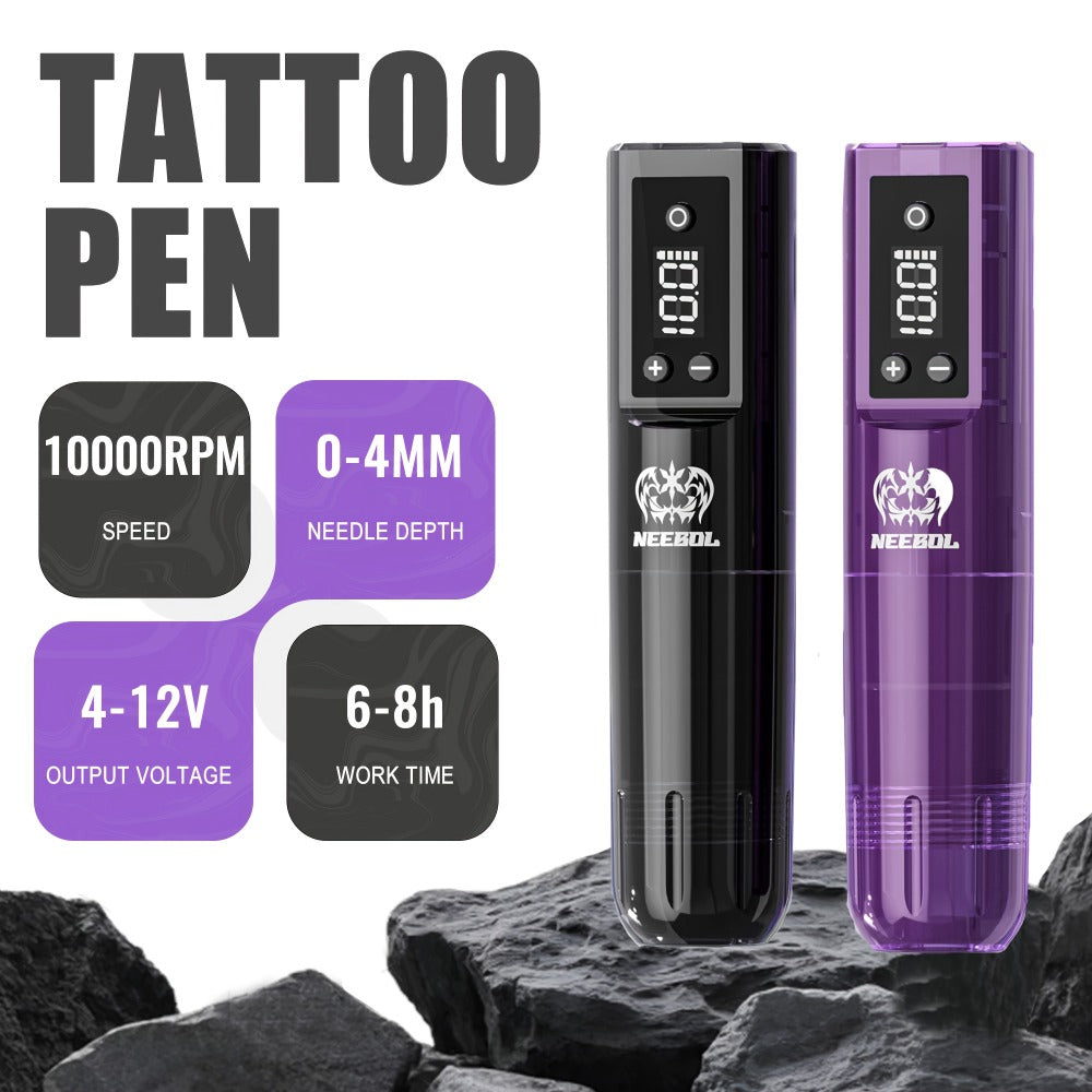 Tattoo Machine Kit Neebol Wireless Pen with Screen Display, 10 Cartridges, 7 Inks and Four Color or Pro Options