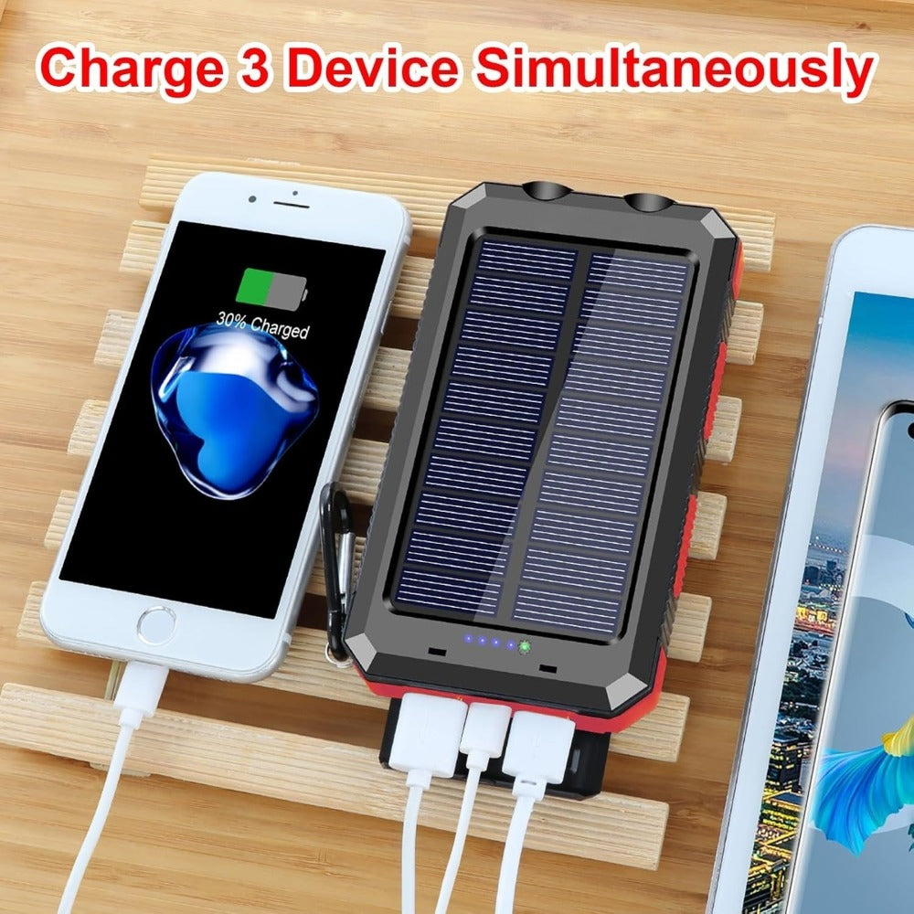 Solar Power Bank 20000mAh Outdoor Portable Charger with LED Flashlight SOS Compass & Carabiner Hook – Dual USB Waterproof Battery Pack for Camping Hiking Backpacking Emergency Survival Gear Gift