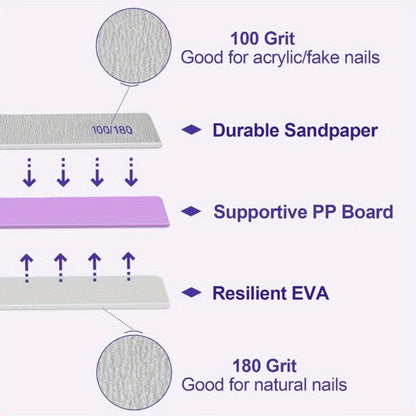 50-Piece Rectangular Nail File Set with 100/180 Grit Double-Sided Emery Boards for Manicure Use