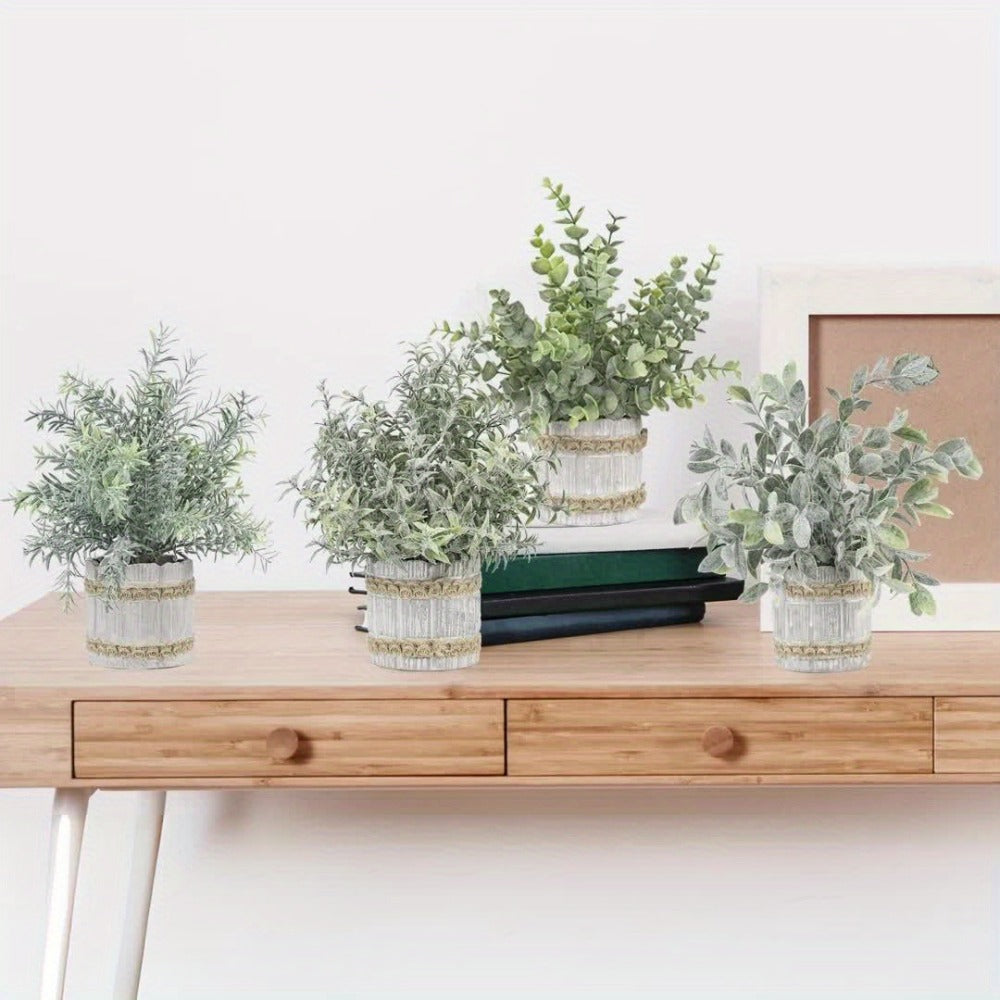 Mini Artificial Potted Plants 4 Pack – Realistic Fake Greenery in White Pots for Home, Office & Party Decor | No Watering Needed Low-Maintenance Indoor Outdoor Faux Plant Set | Housewarming Gift