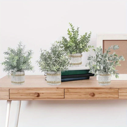 Mini Artificial Potted Plants 4 Pack – Realistic Fake Greenery in White Pots for Home, Office & Party Decor | No Watering Needed Low-Maintenance Indoor Outdoor Faux Plant Set | Housewarming Gift