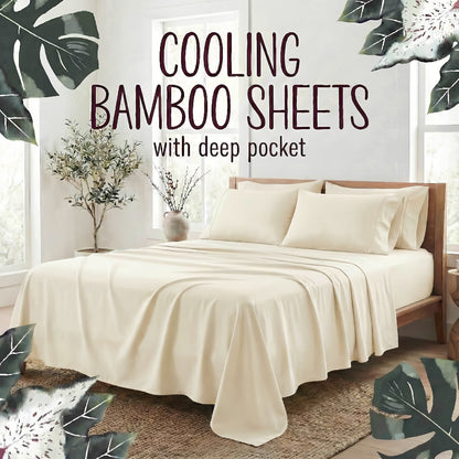 Bed Sheet Set 4-Piece Bamboo Fiber with Deep-Pocket Fitted Sheet, Four Sizes and Twelve Color Options