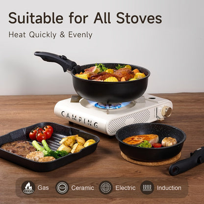 Detachable Handle Cookware Set 16 & 26 Piece Non-Stick PFOA-Free – Stackable Space-Saving Pots and Pans | Oven Safe 480°F Induction Compatible | RV Camping Kitchen Cooking Set in Black & Beige