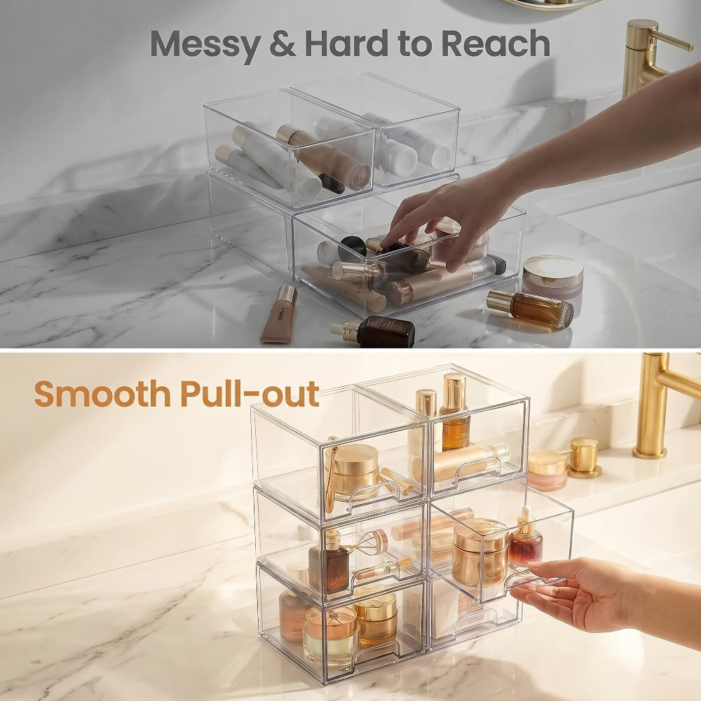 Clear Stackable Storage Drawers, 8-Pack Pull-Out Organizer Bins for Bathroom Cabinets, Vanity Desks and Countertops
