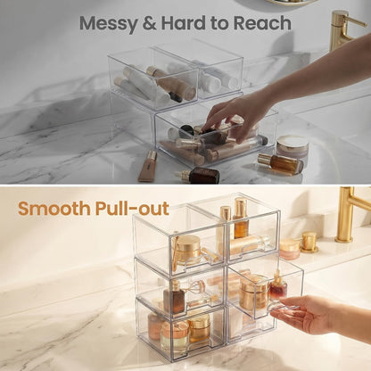 Clear Stackable Storage Drawers, 8-Pack Pull-Out Organizer Bins for Bathroom Cabinets, Vanity Desks and Countertops