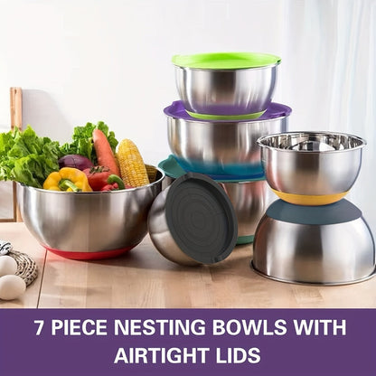 Seven-Bowl Nesting Mixing Set with Lids, Kitchen Tools and Multicolored, Black, Gray or Khaki Options