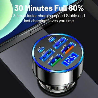6-in-1 Car Charger 2-Pack with Ambient Light & Voltage Display – Dual PD Fast Charge + QC3.0 + 4 USB Ports Matte Finish – Multi Port USB Car Charger for iPhone 15 14 13 Samsung Android 12V 24V