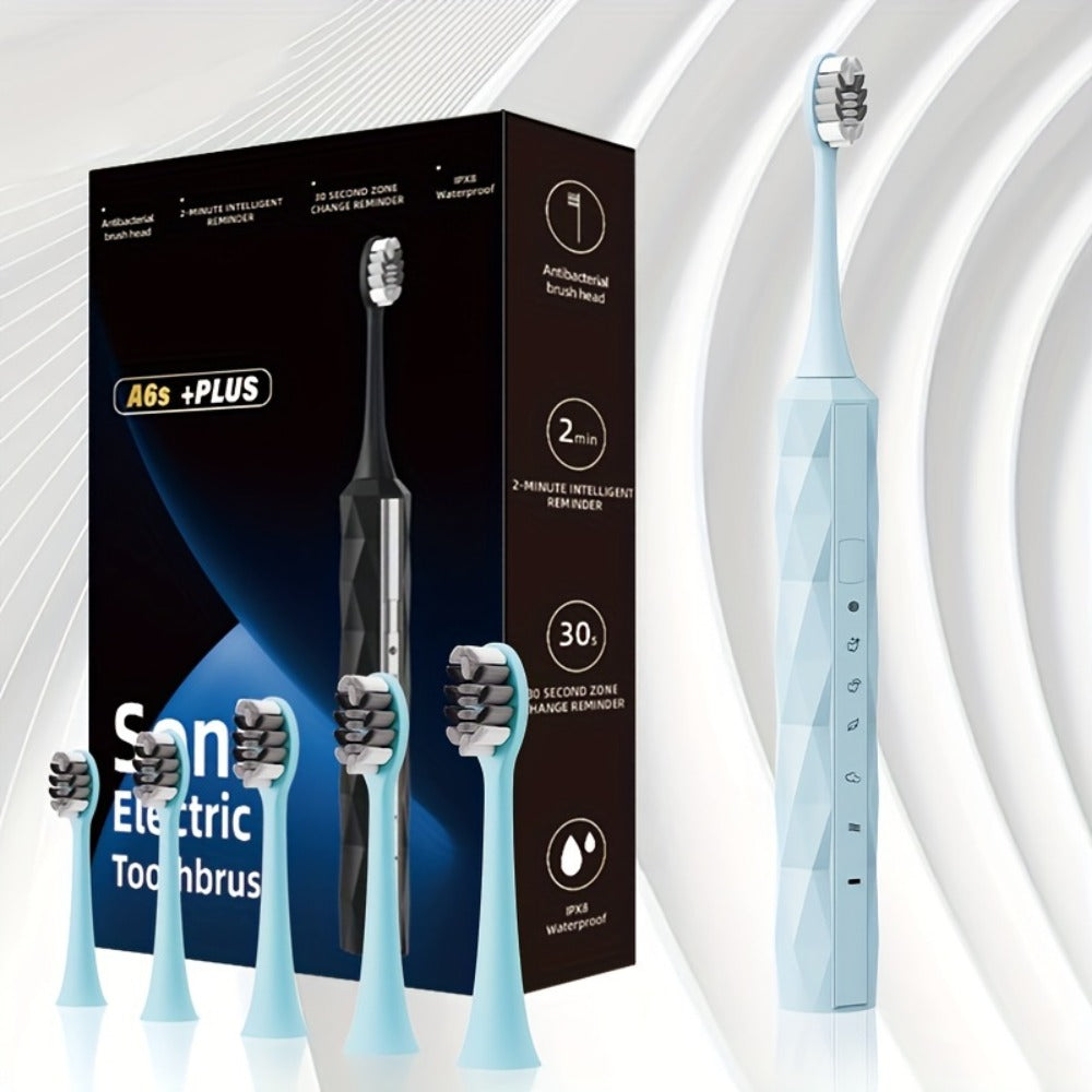 Electric Toothbrush with IPX8 Rating, Five Brush Heads, Metal Handle, USB Charging and Two-Minute Timer