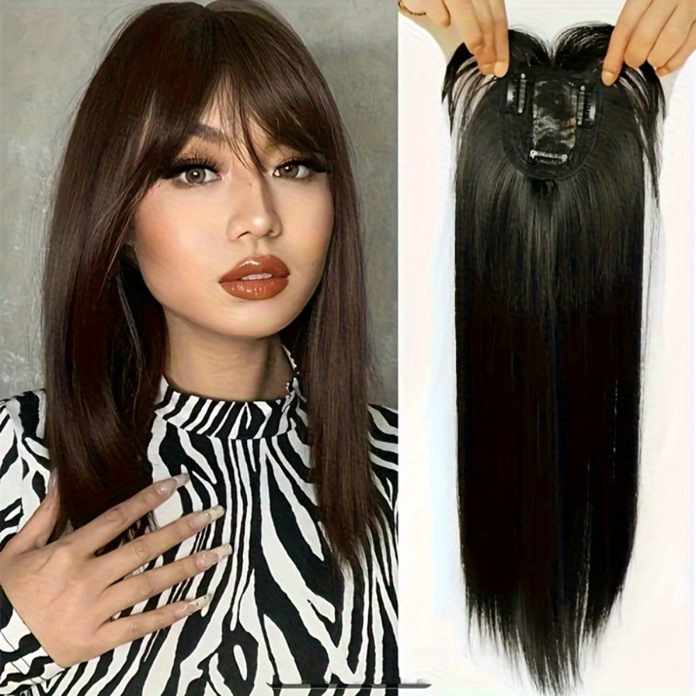 10-Inch Clip-In Hair Topper with Bangs in Black, Dark Brown or Light Brown Crown Coverage Options