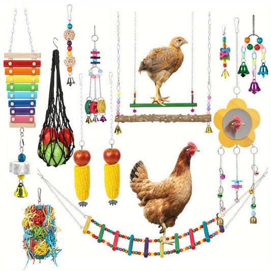 Chicken Coop Toys Set – Xylophone, Swing, Mirror, Step Ladder & Pecking Toys for Hens, Wood & Colorful Bead Enrichment Accessories for Backyard Chickens & Parrots, 5pcs or 9pcs
