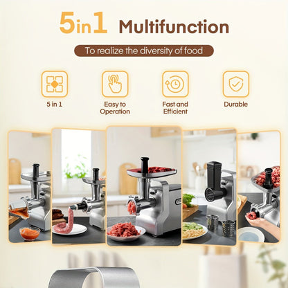 Electric Meat Grinder 5-in-1 with Sausage Stuffer Vegetable Slicer Tomato Juicer Kubbe Kit 3 Grinding Plates 3 Speed Settings 4.5 lbs per Min