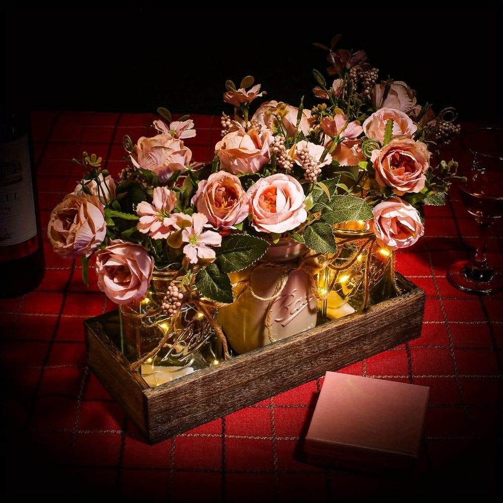 Mason Jar Centerpiece Table Decorations with Wood Tray & LED Lights – 3-Piece Farmhouse Decor Set for Dining Room, Kitchen, Living Room & Bathroom | Holiday Home Decor Gift