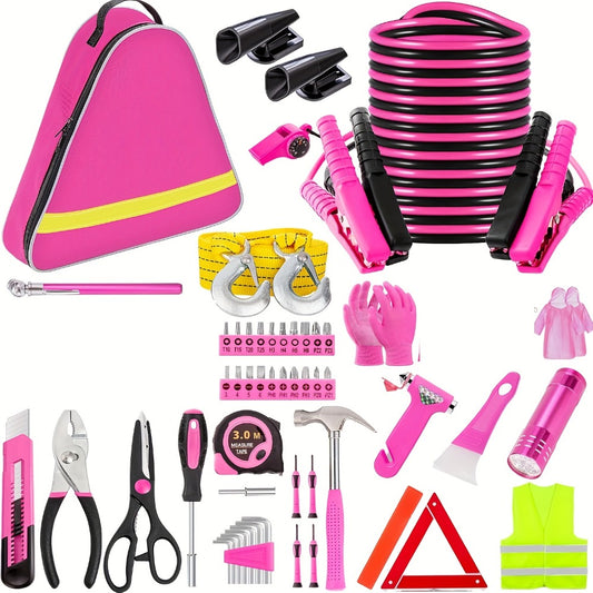 Car Roadside Emergency Kit Pink - Jumper Cables, Deer Whistles & Auto Safety Tool Set for Women, Winter Car Safety Roadside Assistance Kit, No Battery Required, Perfect Gift for Female Drivers