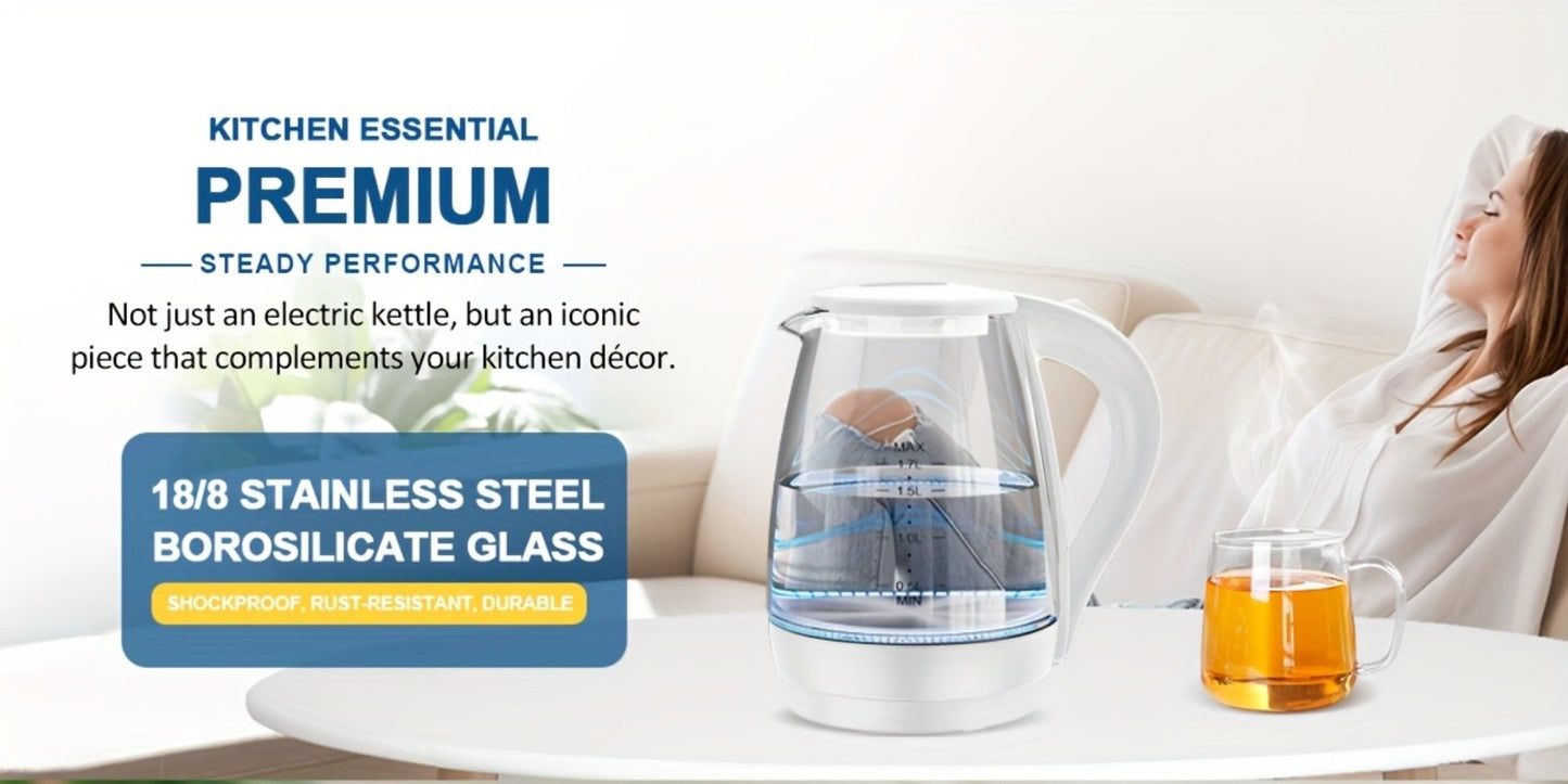 Glass Electric Kettle 1200W Fast Boiling – 57.48oz Tea Kettle with LED Indicator, Auto Shut-Off & Boil-Dry Protection, Elegant Transparent Design for Kitchen, Office & Camping