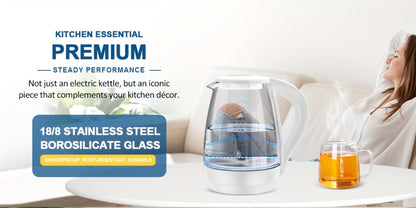 Glass Electric Kettle 1200W Fast Boiling – 57.48oz Tea Kettle with LED Indicator, Auto Shut-Off & Boil-Dry Protection, Elegant Transparent Design for Kitchen, Office & Camping
