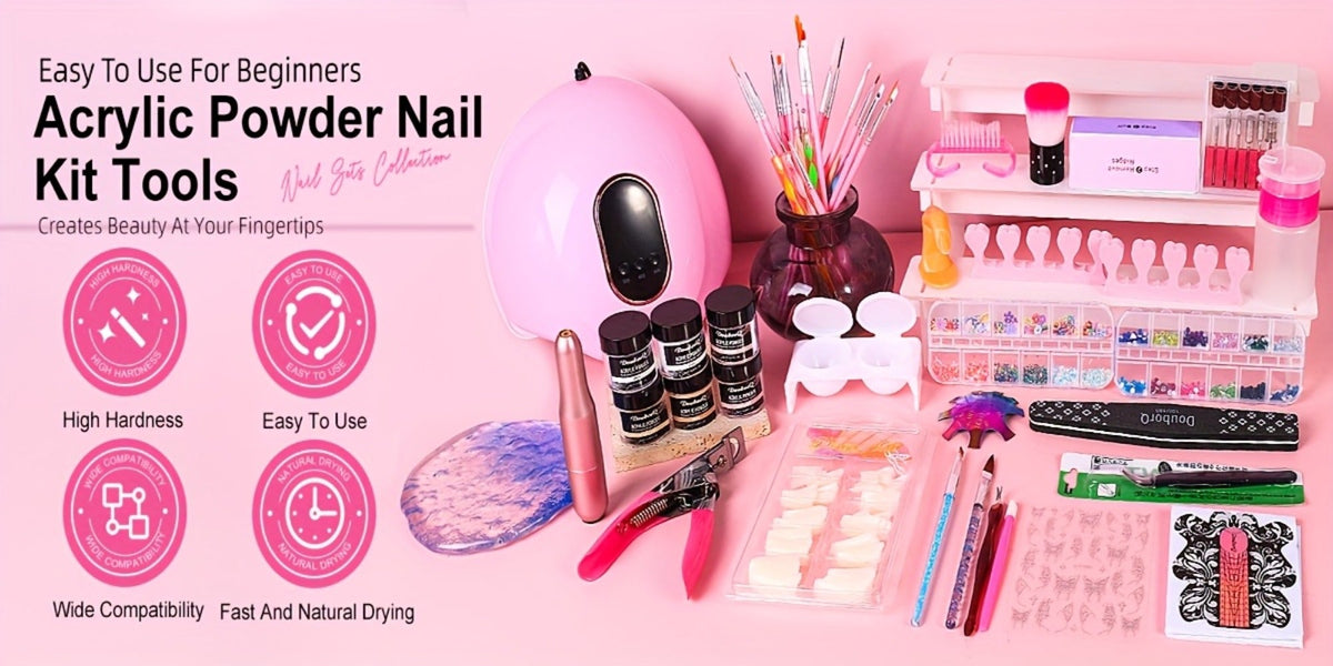 Complete Acrylic Nail Kit with Drill & UV LED Light, Colored Acrylic Powders & All Tools Included for