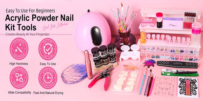 Complete Acrylic Nail Kit with Drill & UV LED Light, Colored Acrylic Powders & All Tools Included for