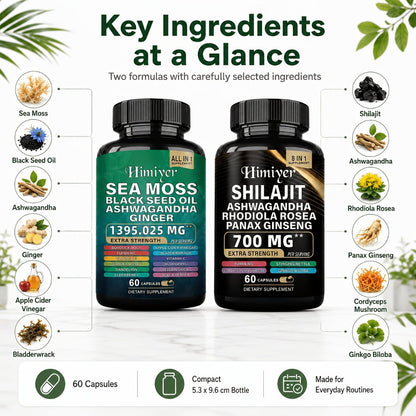 Sea Moss & Shilajit Capsules 12-in-1 Supplement - Bladderwrack Burdock Ashwagandha Black Seed Vitamin C D3 Rhodiola Ginseng Complete Wellness Formula for Energy Immunity Vitality