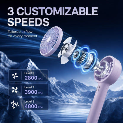 Pocket-Size Handheld Fan with Three Speeds, USB-C Charging, Wrist Strap and Three Color Options