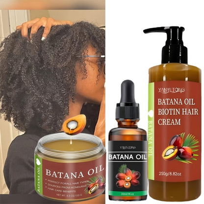 Three-Piece Batana Oil and Biotin Hair Care Set with Pump Cream, Dropper Bottle and Balm Formats