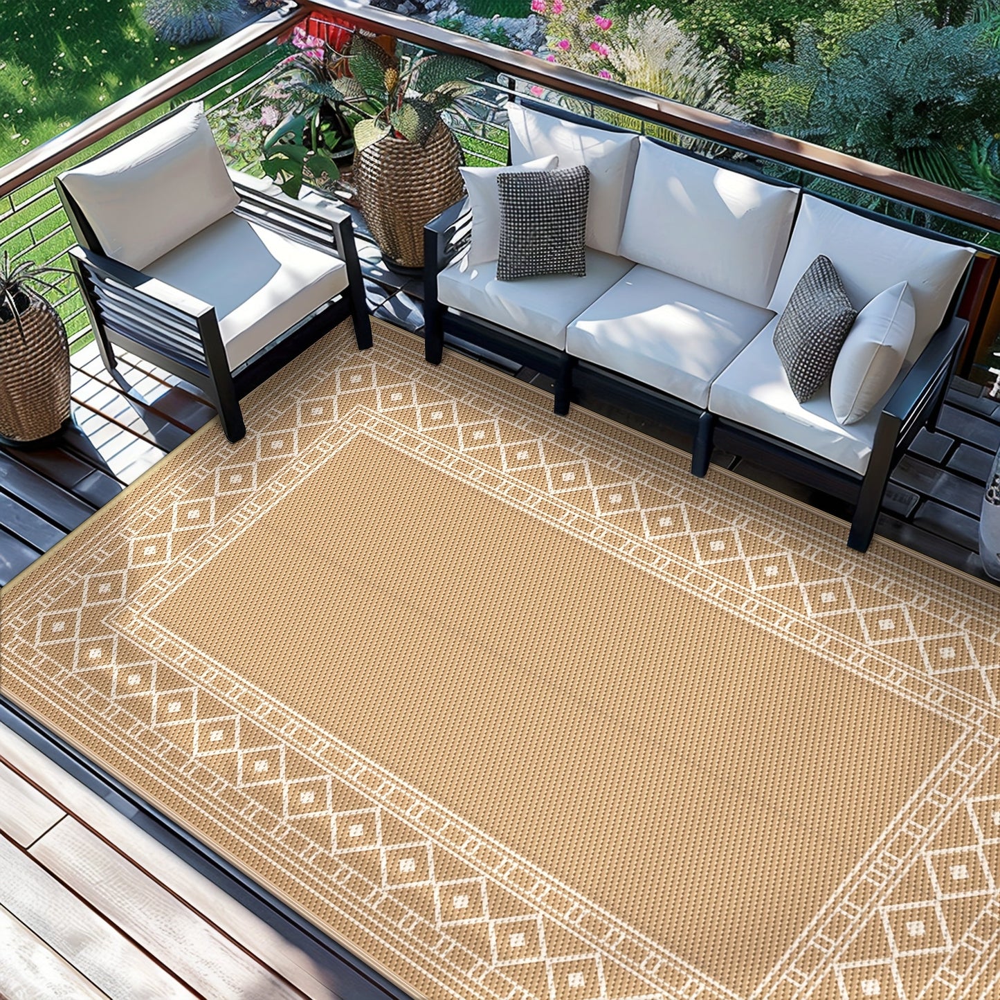 Reversible Outdoor Rug in Multiple Geometric, Border and Leaf Patterns with Displayed Sizes from 5 x 8 to 9 x 12 Feet