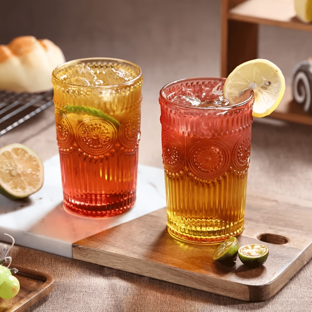 Vintage Embossed Drinking Glasses, Six-Piece 14-Ounce Tumbler Set in Six Gradient Colors for Table Settings