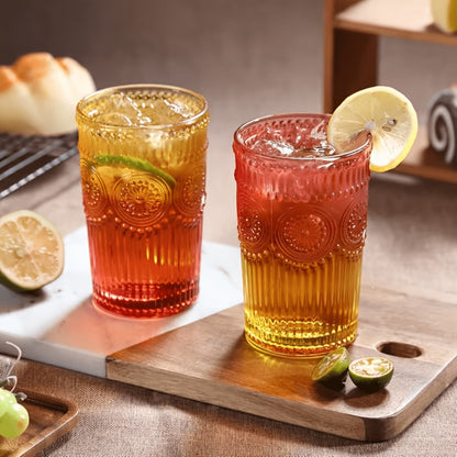 Vintage Embossed Drinking Glasses, Six-Piece 14-Ounce Tumbler Set in Six Gradient Colors for Table Settings