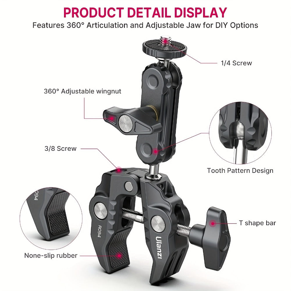 ULANZI Super Clamp 360° Ballhead Magic Arm Double Ball Head Camera Mount with 1/4"-20 & 3/8"-16 Thread for Canon Nikon DSLR, Action Camera, LED Lights, DJI Ronin & Freefly MOVI
