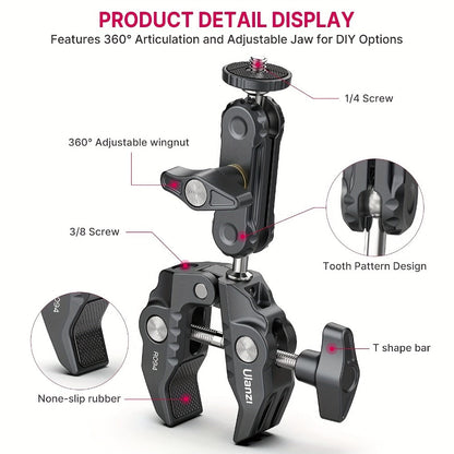 ULANZI Super Clamp 360° Ballhead Magic Arm Double Ball Head Camera Mount with 1/4"-20 & 3/8"-16 Thread for Canon Nikon DSLR, Action Camera, LED Lights, DJI Ronin & Freefly MOVI
