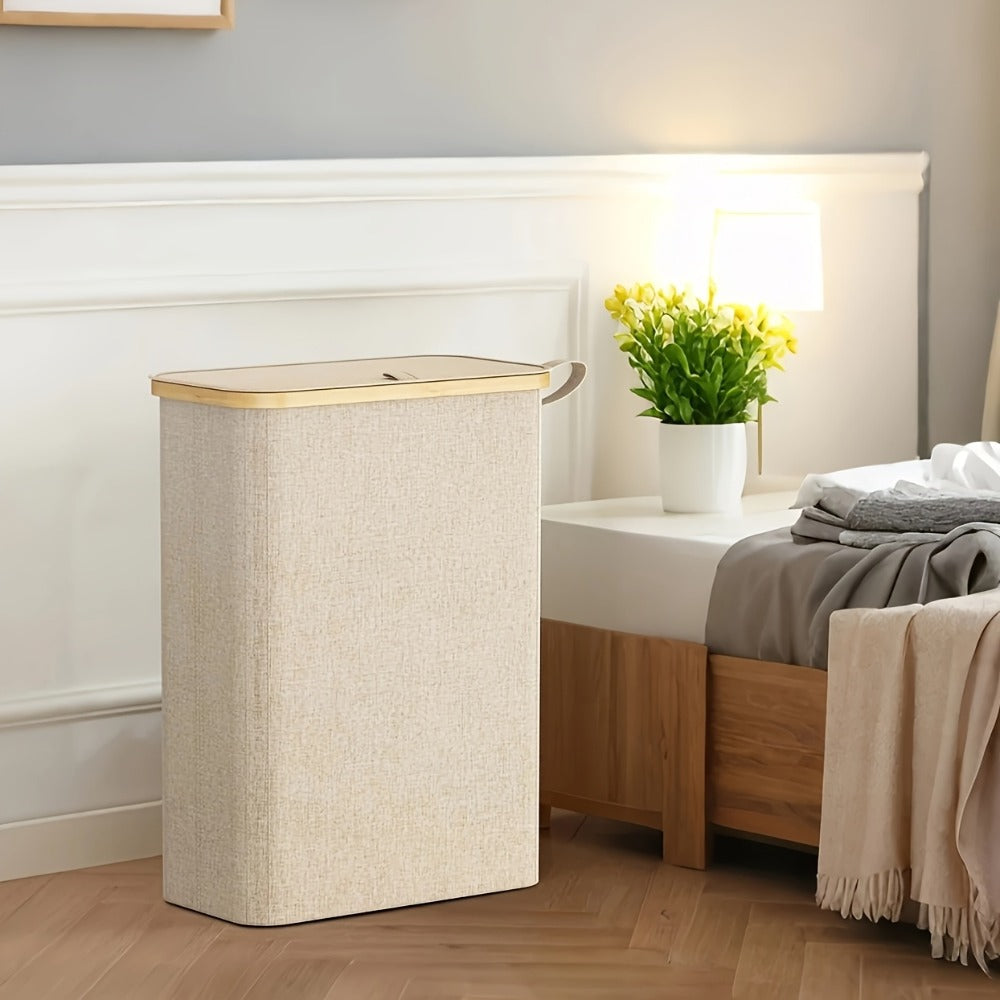 Slim Laundry Hamper with Lid & Removable Bag – Foldable Narrow Clothes Basket with Bamboo Handles for Bathroom, Bedroom & Dorm – 50L / 65L / 75L Space-Saving Collapsible Laundry Bin