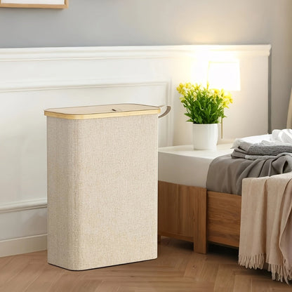 Slim Laundry Hamper with Lid & Removable Bag – Foldable Narrow Clothes Basket with Bamboo Handles for Bathroom, Bedroom & Dorm – 50L / 65L / 75L Space-Saving Collapsible Laundry Bin