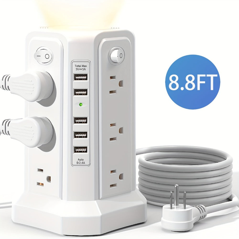 Night Light Power Tower Surge Protector 17-in-1, 12 AC Outlets & 5 USB Ports, 10.2ft Extension Cord, 4 Independent Switches, Overload Protection Charging Station for Home Office Dorm Room – White